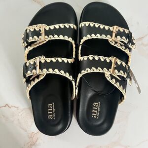 ANA Dublin Women's Footbed Sandals in Black Buckle Slip On Cushion Sole Size 9M